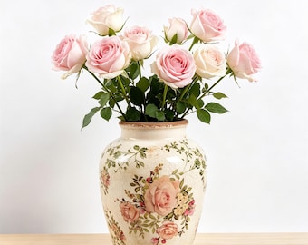 Vintage Ceramic Vase,Floral Pottery Vase,Cottagecore Home Decor,Farmhouse Table Centerpiece,Boho Flower Vase,Floral Ceramic Vase,Gifts