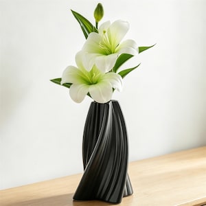 Vase abstrait moderne en céramique noire, vase à fleurs unique côtelé torsadé, vase décoratif minimaliste pour salon, centre de table, décoration d'intérieur
