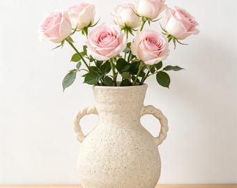 Speckled Beige Ceramic Vase with Double Twisted Handles,Wabi Sabi Wabi Sabi,Neutral Rustic Pottery Vase,Boho Home Table Decor for Flowers