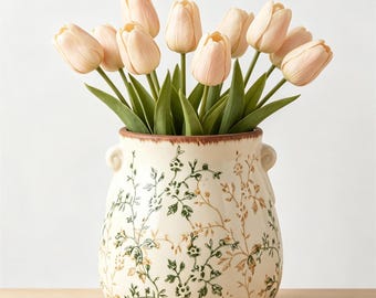 Vintage Floral Ceramic Vase,Cottagecore Botanical Flower Vase,Rustic Floral Vase,Table Centerpiece,Farmhouse Home Decor,Gifts For Her