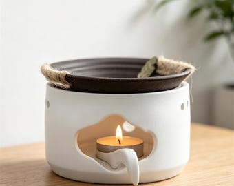 Ceramic Warmer with Candle Holder, Removable Dish, Ceramic Aroma Burner, Modern Minimalist Home Decor, Essential Oil Aromatherapy Gifts