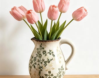 Vintage Floral Ceramic Pitcher Vase,Jug Vase with Handle,Green Botanical Farmhouse Decor,Rustic Table Centerpiece,Cottagecore Home Decor