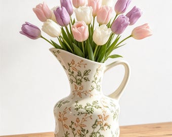 Vintage Floral Ceramic Vase,Green Botanical Jug Vase,Cottagecore Decorative Flower Vase,Rustic Farmhouse Table Centerpiece,Home Decor
