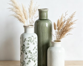 Ceramic Vase Set of 3,Cottagecore Bottle Vases,Distressed Pottery Vase for Flowers,Farmhouse Decor,Home Table Centerpiece, Housewarming Gift