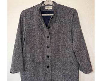 Vintage 90s Orvis Wool Tweed Jacket Blue Collarless Lined 3/4 Sleeve Blazer L
