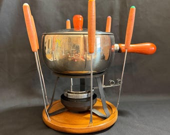 Vintage Fondue Set Stainless Steel Wood Base 6 Forks Sterno Burner MCM Style