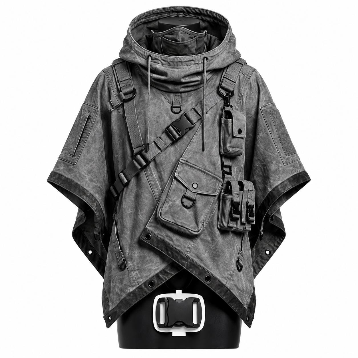 Grey Cyberpunk Techwear Poncho Cloak, Hooded Post Apocalyptic Cape, Tactical Utility Streetwear, Dystopian Festival Coat