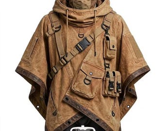 May include: A tan hooded poncho featuring a high collar with an integrated face mask, multiple utility pockets, adjustable straps with black plastic buckles, D-rings, and dark brown trim along the hem and edges of the garment.