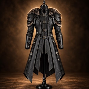 May include: A black long coat featuring layered shoulder pauldrons, brown faux fur trim, and multiple brass-toned buckle closures down the front. The coat has a high collar, long sleeves with buckled cuffs, and an intricate embossed floral pattern.