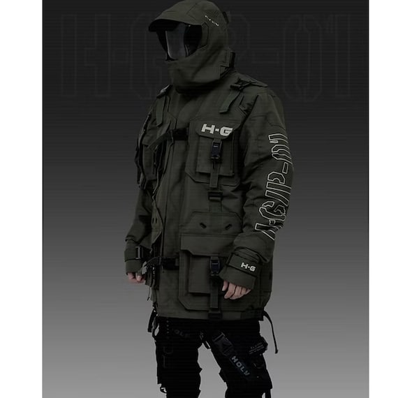 Holy Grail Techwear Jacket Men, Cyberpunk Tactical Coat, Futuristic Hooded Parka, Utility Streetwear Jacket, Darkwear Outfit