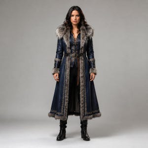 May include: A long, dark blue coat featuring a thick grey faux fur trim along the hood, cuffs, and front opening. The coat includes a waist belt with a metal buckle and intricate gold-coloured embroidery along the hem and sleeves, worn over a dark top.