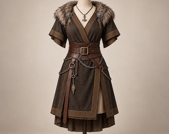 May include: A dark brown tunic dress featuring a faux fur collar, short sleeves, and a wide brown leather belt with a metal buckle. The garment includes decorative metal chains, a hanging leaf charm, and a silver-toned pendant necklace.
