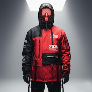 Puede incluir: Chaqueta futurista roja y negra con capucha y máscara roja brillante. La chaqueta tiene múltiples bolsillos, correas y texto japonés. El diseño está inspirado en el cyberpunk y la defensa urbana.