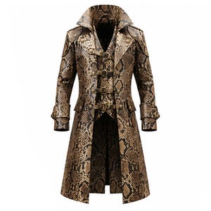 Python Print Leather Trench Coat, Gothic Pirate Captain Jacket, Steampunk Long Duster, Captain Hook Inspired Renaissance LARP Cosplay Outfit