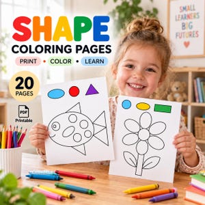 Könnte beinhalten: Ein digitales Set mit 20 ausdruckbaren Formenausmalbildern, die schwarz-weiße Strichzeichnungen eines Fisches und einer Blume zeigen. Die Seiten enthalten geometrische Formen wie Kreise, Ovale, Dreiecke und Rechtecke für pädagogische Aktivitäten.