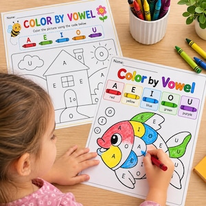 May include: Two educational Color by Vowel activity sheets featuring a house and a fish. The fish worksheet shows a color-coded key with red, yellow, blue, green, and purple crayons. The sheets include letters A, E, I, O, and U for coloring practice.