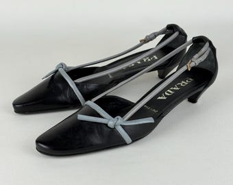 Vintage Archive Prada Early 2000s Black Leather Kitten Heel Mules