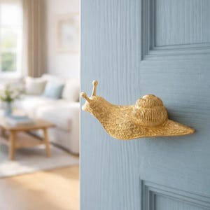 May include: A decorative gold-coloured snail door handle fixed to a pale blue door. The handle is a detailed sculpture with a textured finish, depicting the snail's body and shell. The door is part of a room with a blurred background.