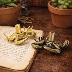 May include: Two brass crab-shaped bottle stoppers rest on an open antique book with handwritten text. The stoppers have a cylindrical top and detailed crab features. The background includes potted plants and old books, creating a vintage aesthetic.
