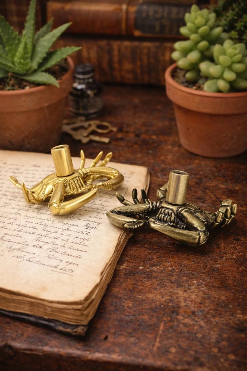 May include: Two brass crab-shaped bottle stoppers rest on an open antique book with handwritten text. The stoppers have a cylindrical top and detailed crab features. The background includes potted plants and old books, creating a vintage aesthetic.