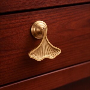 May include: A brass-colored drawer pull in the shape of a ginkgo leaf is mounted on a dark wood drawer. The drawer pull has a detailed, textured design. The wood grain is visible in the background.