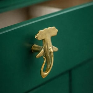 Peut inclure: Poignée de meuble en laiton en forme de requin marteau. La poignée est montée sur une porte d'armoire vert foncé. Le corps du requin se courbe en une poignée. La porte de l'armoire est d'un vert profond et riche.