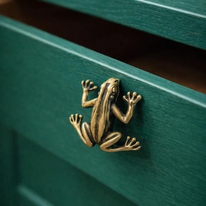 May include: A brass frog-shaped handle is fixed to a teal green drawer. The frog has detailed skin and outstretched limbs. The drawer is open, revealing a dark interior, and the wood grain is visible. The handle is a decorative element.