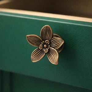 Könnte beinhalten: Ein bronzefarbener, blütenförmiger Schubladengriff ist an einer dunkelgrünen Schublade angebracht. Der Schubladengriff hat fünf Blütenblätter mit detaillierten Adern und ein kleines, detailliertes Zentrum. Die Schublade ist in einem tiefen, waldgrünen Farbton lackiert.