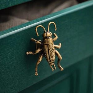 May include: A brass insect-shaped drawer pull is attached to a dark green cabinet. The insect has detailed features and is mounted on the drawer front. The cabinet drawer is slightly open, showing the inside. The cabinet is painted in a dark green.
