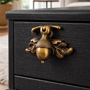 Könnte beinhalten: Nahaufnahme einer schwarzen Holzschublade mit einem dekorativen, eichelförmigen Messinggriff. Der Griff weist ein Eicheldesign mit detaillierten Blättern und einer strukturierten Oberfläche auf und verleiht der Möbel einen Hauch von naturnaher Eleganz.