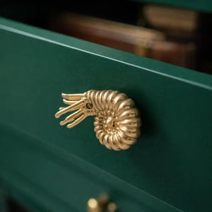 May include: Close-up of a dark green drawer with a gold-colored nautilus shell-shaped handle. The drawer is slightly open, revealing a glimpse of the interior. Another gold knob is visible below.