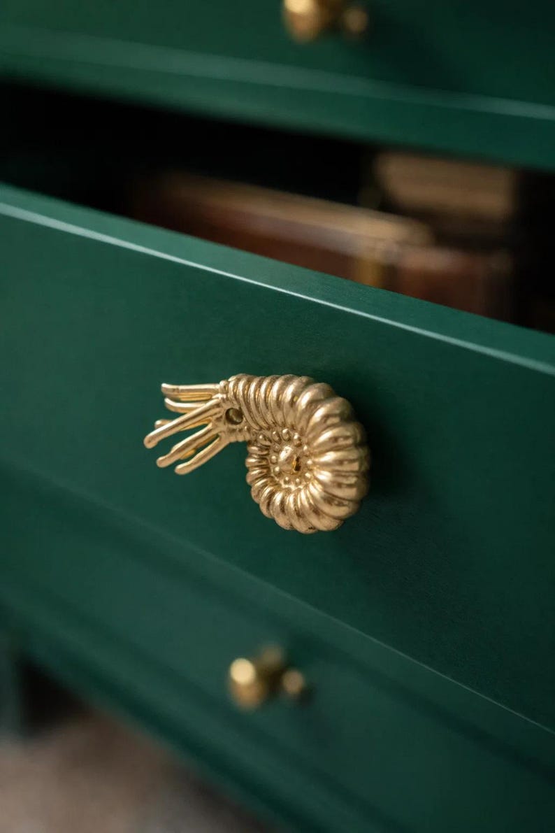 Peut inclure: Gros plan sur un tiroir vert fonc&eacute; orn&eacute; d'une poign&eacute;e dor&eacute;e en forme de coquillage nautile. Le tiroir est l&eacute;g&egrave;rement ouvert, r&eacute;v&eacute;lant l'int&eacute;rieur. Un autre bouton dor&eacute; est visible en dessous.