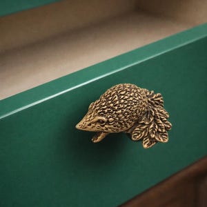 Könnte beinhalten: Dekorativer Schrankknauf in Form eines Igels aus goldfarbenem Metall. Der Igelknauf ist an einer grünen Schublade befestigt. Der Knauf hat detaillierte Texturen.