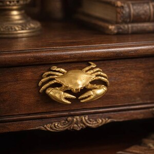 May include: A gold-colored crab-shaped drawer pull mounted on a dark brown wooden drawer. The crab has detailed claws and a textured surface. The drawer is part of a larger wooden cabinet, with other antique items in the background.
