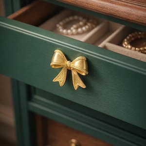 Puede incluir: Cajón verde oscuro con un tirador dorado en forma de lazo. El cajón está abierto, revelando joyas en su interior. El mueble tiene una tapa de madera y otro cajón con un tirador dorado.