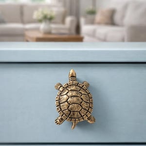 Könnte beinhalten: Ein schildkrötenförmiger Schrankknauf aus Messing ist auf einer hellblauen Schublade montiert. Der Knauf hat einen strukturierten Panzer und flossenartige Füße. Der Hintergrund ist eine verschwommene Innenszene.