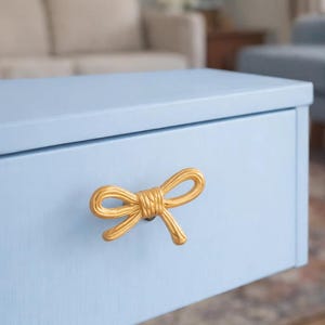 Puede incluir: Cajón azul claro con un tirador dorado en forma de lazo. El tirador en forma de lazo está centrado en el cajón, que forma parte de un mueble más grande. El fondo está borroso, lo que sugiere un entorno interior.