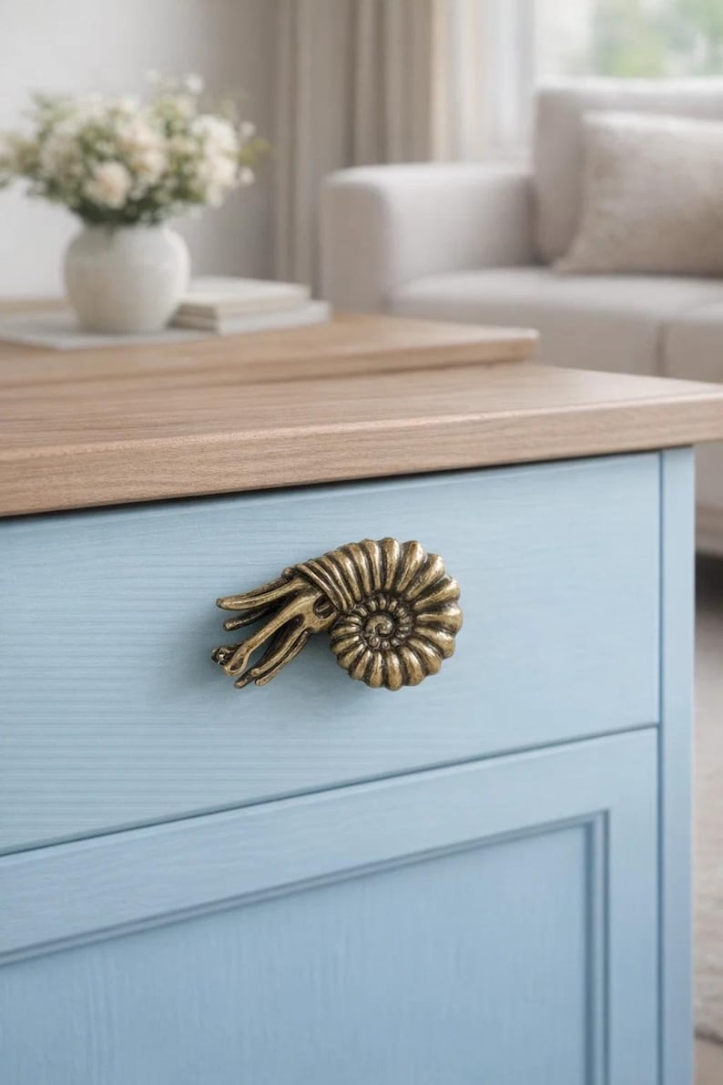 Peut inclure: Un meuble bleu clair avec un dessus en bois et une poign&eacute;e d&eacute;corative en forme de coquillage nautile de couleur laiton. Le meuble est un &eacute;l&eacute;ment d'un meuble plus grand, comme une commode ou une table de chevet.