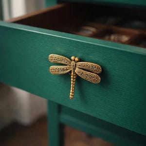 May include: A teal green drawer with a gold dragonfly-shaped handle. The drawer is open, revealing a wooden interior. The dragonfly handle is detailed with etched wings and body. The furniture piece has a classic, elegant design.