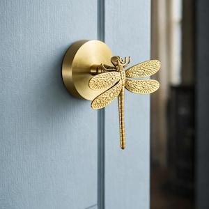 Puede incluir: Un tirador de puerta de latón con forma de libélula. El tirador está montado sobre una base redonda y presenta un diseño detallado de libélula con las alas extendidas. El tirador está fijado a una puerta azul claro.