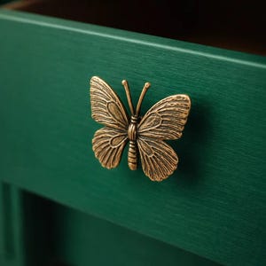 Op de afbeelding: Een bronzen vlindervormige trekker is gemonteerd op een donkergroen geschilderde lade. De vlinder heeft gedetailleerde vleugelpatronen en is gecentreerd op de voorkant van de lade. De lade staat iets open.
