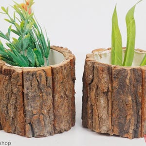 May include: Two cylindrical planters featuring an exterior made of vertical brown tree bark strips. Each planter has a smooth white interior lining. One planter contains green foliage with small orange flowers, while the other holds green leaves.