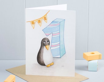 1st Birthday Penguin Greeting Card