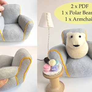 Miniature felt polar bear and armchair PDF hand sewing photo pattern