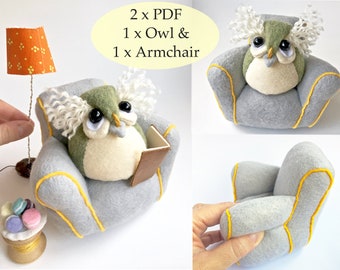 Miniature Felt Owl and Armchair PDF Bundle Sewing Pattern