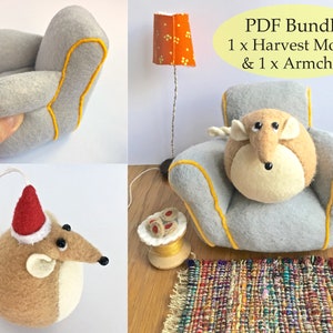 May include: A PDF bundle featuring a Harvest Mouse and an Armchair. The armchair is gray with yellow trim. The Harvest Mouse is brown and white, and wears a red Santa hat. A small lamp with an orange shade is also shown.