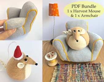 Miniature felt harvest mouse and armchair PDF hand sewing pattern photo tutorial
