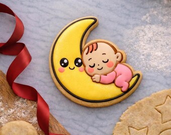 Sleeping Baby on Moon Cookie Cutter STL File, Baby Shower Baking (Instant Download