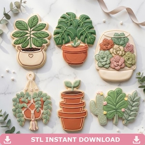 May include: A selection of plant-shaped biscuits, including a potted plant, a monstera, a terrarium, a hanging plant, stacked pots, and a cactus. The biscuits are decorated with green, brown, and beige icing. Text: STL INSTANT DOWNLOAD.