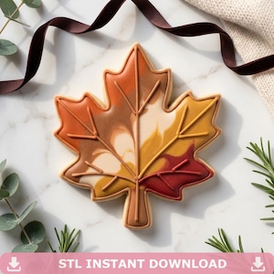 May include: A maple leaf shaped biscuit decorated with marbled icing in shades of orange, yellow, brown, and deep red. The biscuit features raised icing lines that define the central vein and side veins of the leaf, creating a textured appearance.